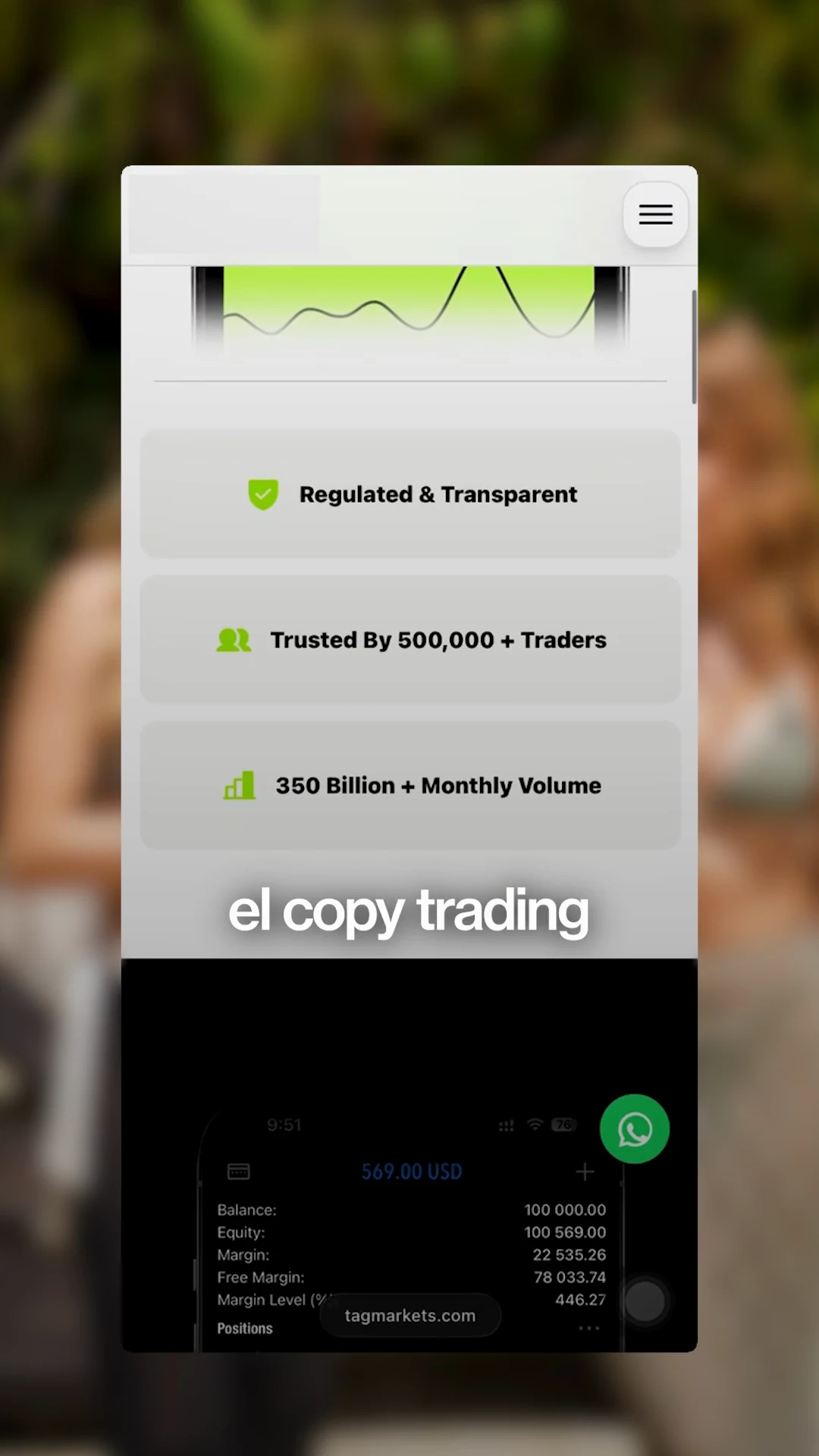 Vista móvil de plataforma de copy trading
